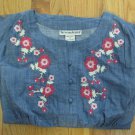 SEVENTH AVENUE WOMEN'S SIZE M TOP BLUE CHAMBRAY SHIRT PINK FLORAL EMBROIDERY BOHO HIPPIE NWOT