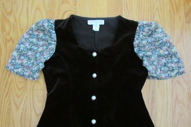 LA TOUCH GIRL'S SIZE 10 DRESS BLACK VELOUR W/  PASTEL FLORAL SHORT PUFF SLEEVES VINTAGE 80'S