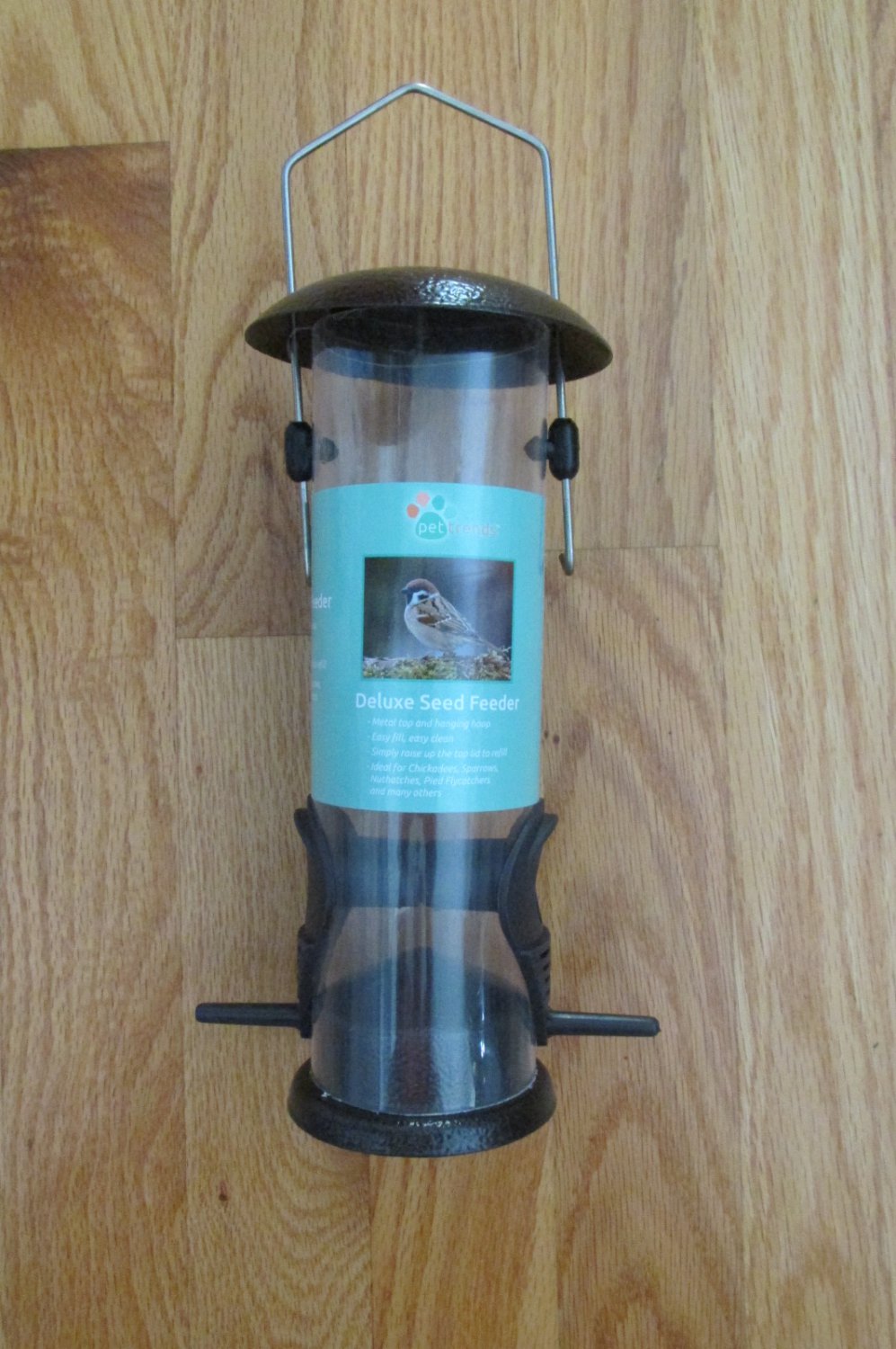 PET TRENDS CLEAR DELUXE BIRD SEED FEEDER METAL TOP AND HANGING LOOP NEW