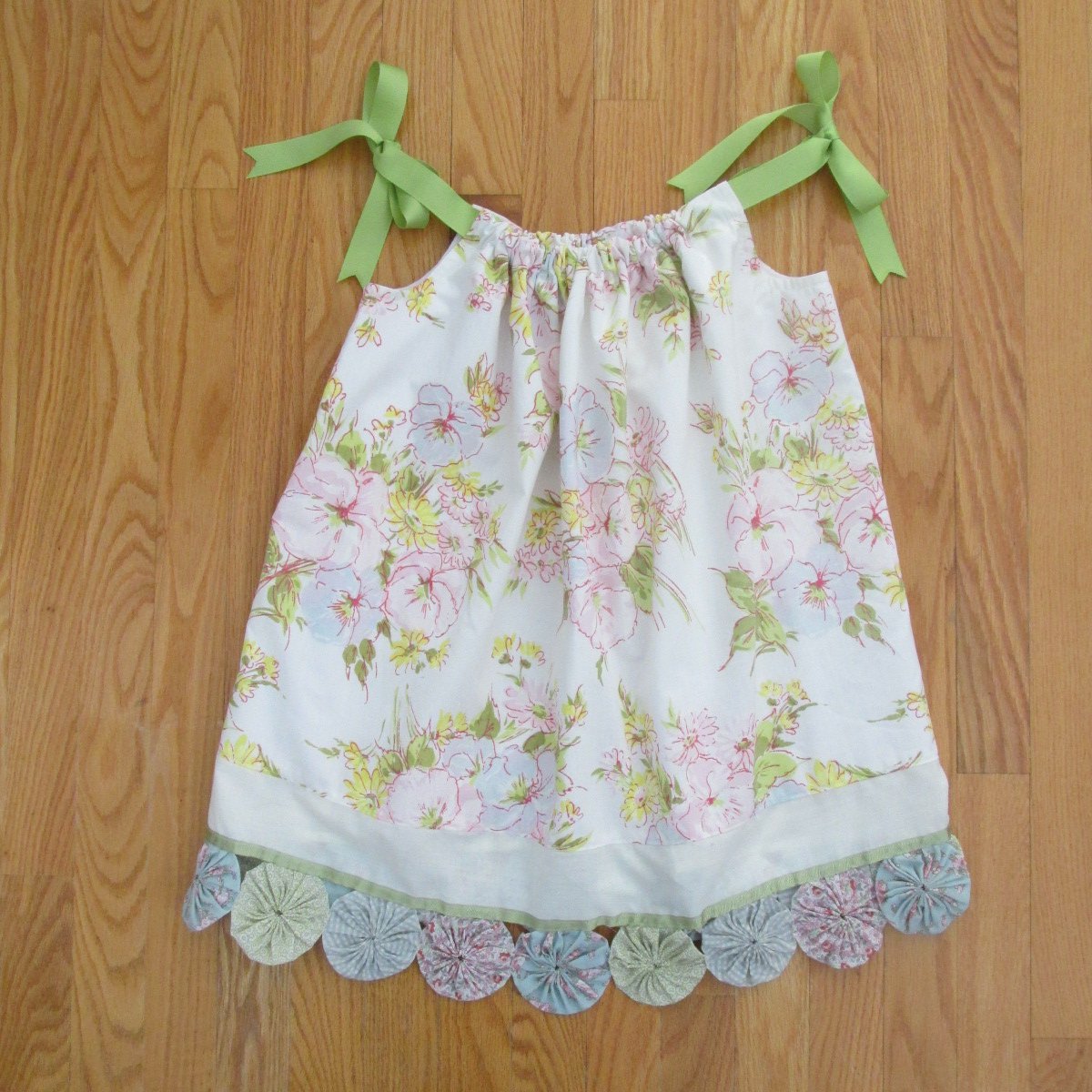 JEANIUS GIRL'S SIZE 4 / 6 PILLOWCASE DRESS PINK & GREEN CALICO YO YOS DRAWSTRING NEW SUN