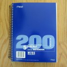 MEAD 5 SUBJECT NOTE BOOK WIDE RULED 200 SHEETS ROYAL BLUE COVER NEW