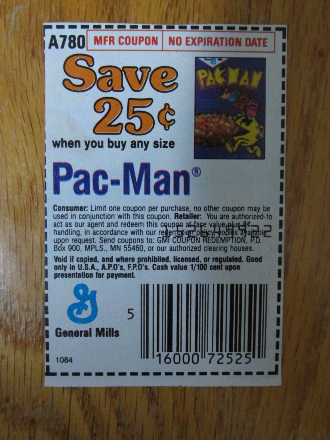 VINTAGE PAC MAN CEREAL COUPON GENERAL MILLS GM VERTICAL CUT OUT 2" X 3" 25c FACE VALUE