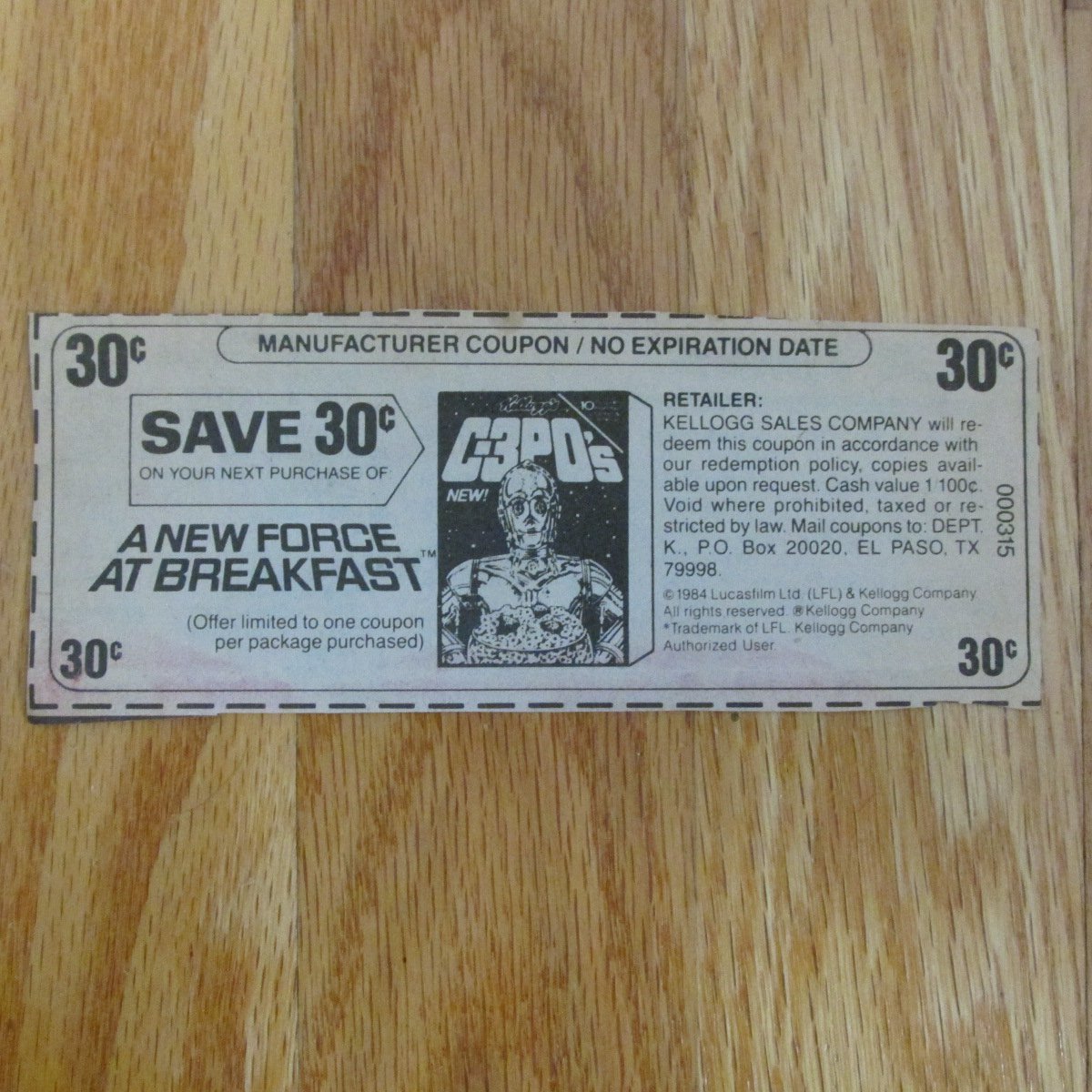 VINTAGE C-3P0's CEREAL COUPON KELLOGG CUT OUT 2" X 5" 30c FACE VALUE