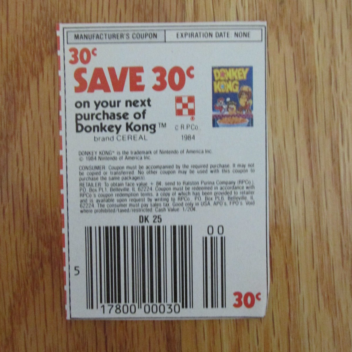 VINTAGE DONKEY KONG CEREAL COUPON RALSTON VERTICAL CUT OUT 2" X 3" 30c