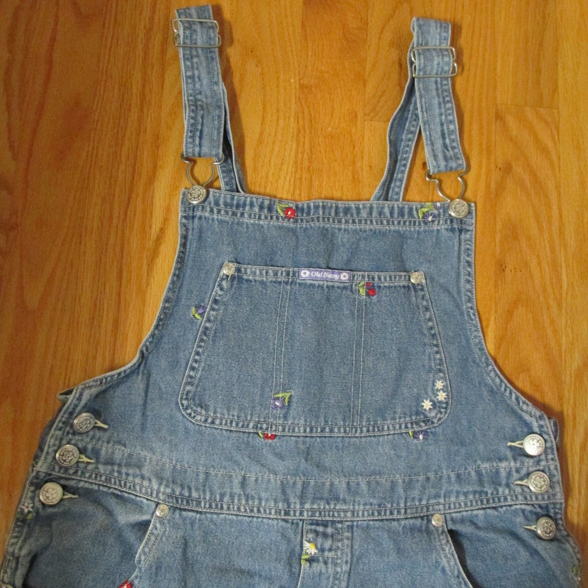 OLD NAVY GIRL'S SIZE 14 OVERALLS MED BLUE EMBROIDERED DENIM BIBS VINTAGE