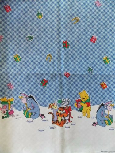 SPRINGS INDUSTRIES DISNEY FABRIC BLUE POOH CHRISTMAS PRESENTS BORDER PRINT COTTON 44" DRESS NEW BTY