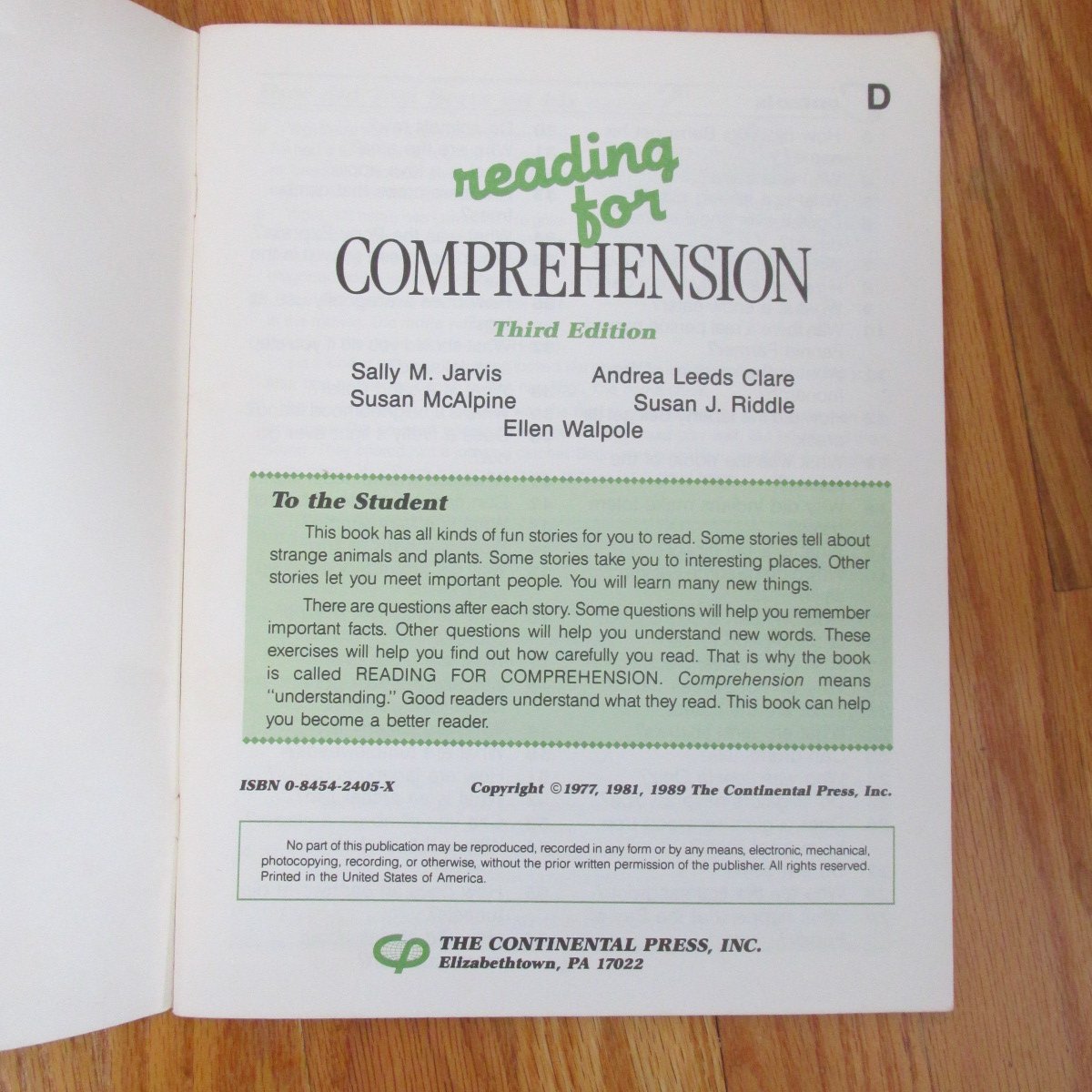 READING FOR COMPREHENSION LEVEL D BOOK THE CONTINENTAL PRESS