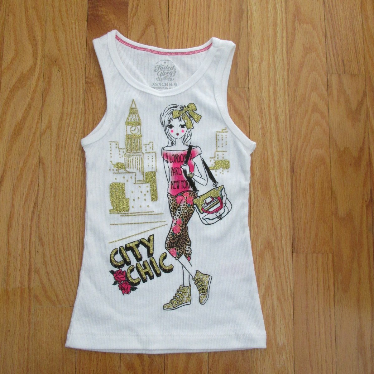 FADED GLORY GIRL'S SIZE XS (4 - 5) TANK TOP WHITE W/ CITY CHIC GRAPHIC NWT