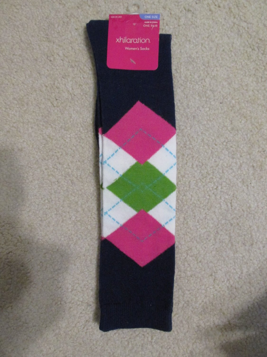 XHILARATION SOCKS WOMEN'S ONE SIZE KNEE HIGH BLUE PINK, GREEN ARGYLE NEW