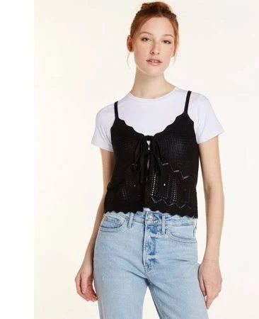 NO BOUNDARIES WOMEN'S JUNIOR'S SIZE L (11 / 13 ) VEST BLACK CROCHET TIE FRONT NWT