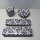 BRIGHTON METAL TIN BLACK & WHITE DAMASK SET of 4 JEWELRY OFFICE STORAGE