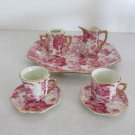 BAUM BROS TEA SET FORMALITIES PORCELAIN RED (PINK) FLORAL ROSE TRANSFERWARE SET of 7 PIECES TRINKETS