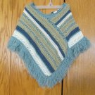 GREAT AMERICAN SWEATER CO GIRLS SIZE L / XL PONCHO BLUE BEIGE STRIPE FRINGE VINTAGAE USA MADE GREAT AMERICAN SWEATER CO GIRLS SIZE L / XL PONCHO BLUE BEIGE STRIPE FRINGE VINTAGAE USA MADE