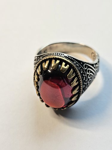 Red Zircon Stone Men's Sterling Silver 925 Ring
