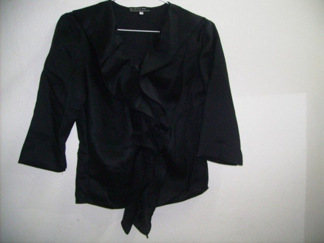 Black ruffled linen blouse