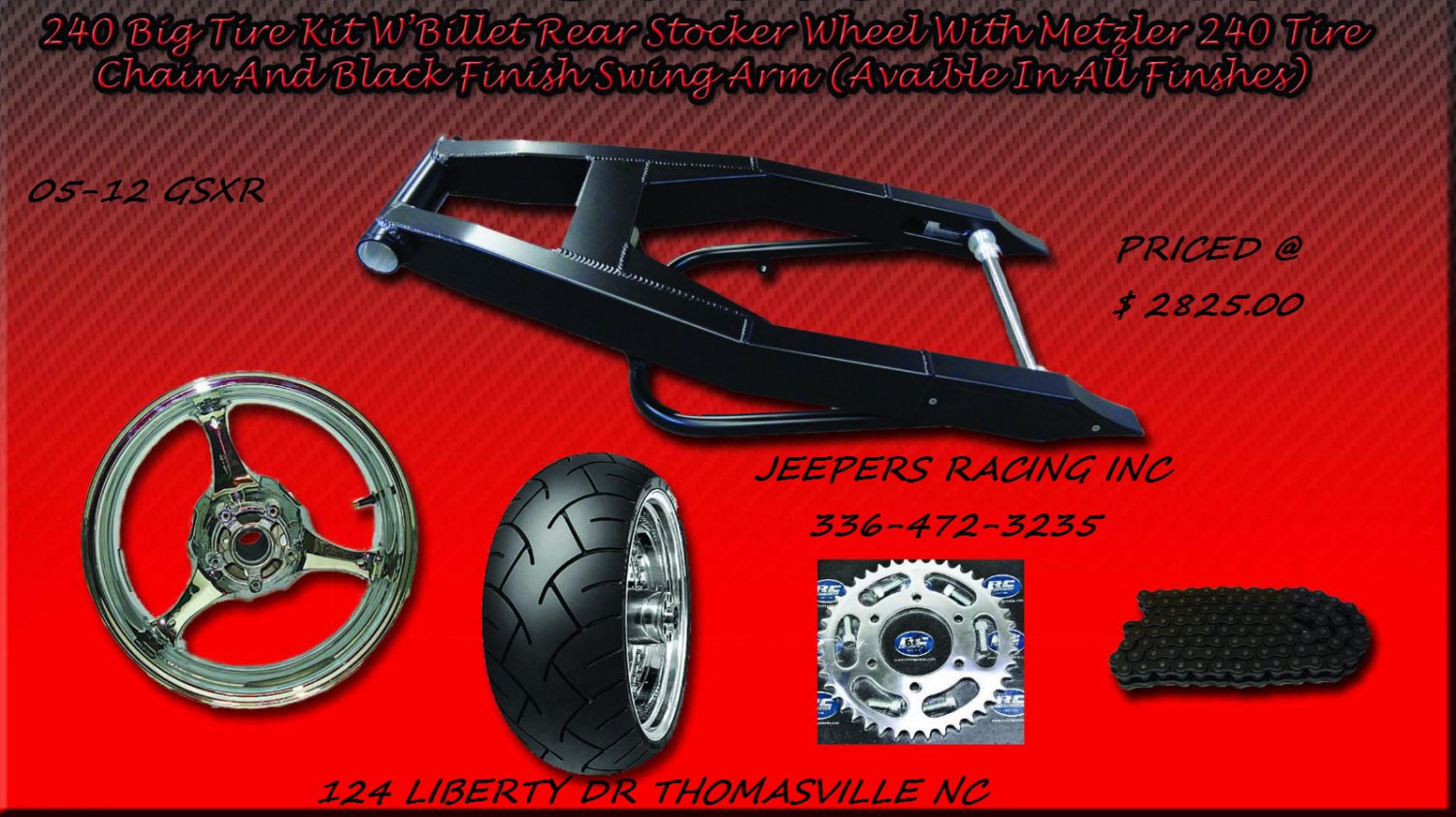 Black Powder Coated 240 Wide Tire Kit with GSXR Replica Wheel