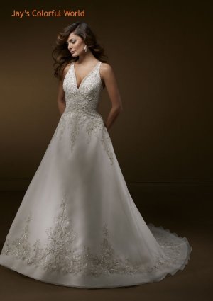 Deep V Neckline with embroidery and Beads Wedding Dress Bridal Gown