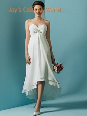 Tea Length V Neckline Spaghetti Strap Backless Custom Made Wedding Dress Bridal Gown
