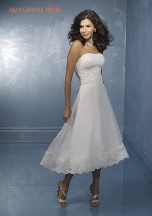 Tea Length A-line Appliques and Beads Strapless Custom Made Wedding Dress Bridal Gown