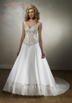 A-line Deep V Neckline Embroidery Beading Train Wedding Dress Bridal Gown