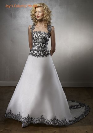 White and Black Applique A-line Organza Appliqued Wedding Dress Bridal Gown