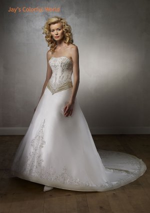 A-line Scoop Neckline Strapless Embroidery Beading Train Wedding Dress Bridal Gown