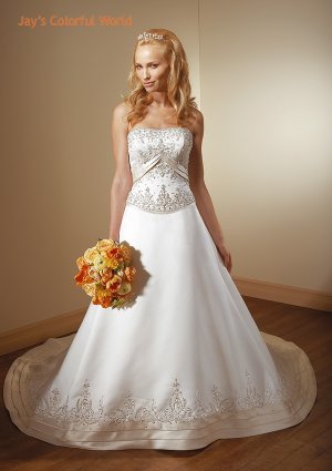 A-line Strapless Backless Embroidery Beading Train Wedding Dress Bridal Gown