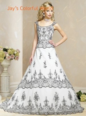 White and Black Detachable Strap Appliques Wedding Dress Bridal Gown