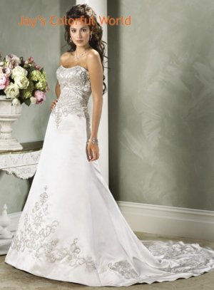 A-line Scoop Neckline Strapless Embroidery Beading Train Wedding Dress Bridal Gown
