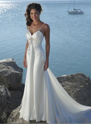 Spaghetti strap V-neckline Beaded Chiffon Custom made Wedding Dress