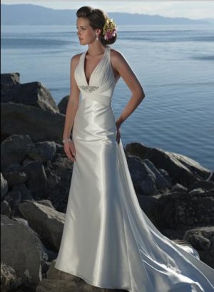 Deep V-neckline Beaded Stretch satin Custom-made Wedding Dress