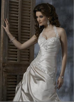 Detachable Halter Appliqued Beaded Taffeta Custom-made Wedding Dress