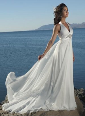 V Neckline Halter Strap Chiffon Wedding Dress Bridal Gown