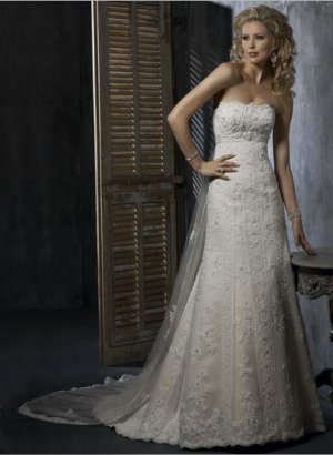 A Line Appliqued Beaded Strapless Wedding Dress Bridal Gown