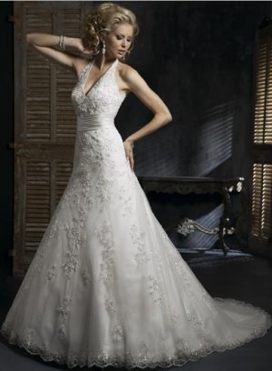 Halter Appliqued Beaded Tuller Wedding Dress Bridal Gown