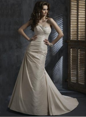 Sheath Scoop Neckline Beaded Strapless Taffeta Wedding Dress Bridal Gown
