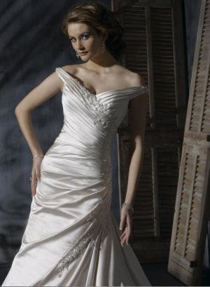 Off-shoulder V-neckline Appliqued Beaded Lace-up Taffeta Wedding Dress Bridal Gown