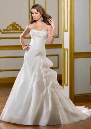 A-line Appliques Strapless Organza Satin Lace-up 2012 Wedding Dress