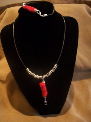 Leather Necklace & Bracelet with red stone pendant