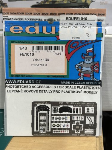 Eduard 1/48 Yak-1b Color Photo Etch Set for Zvezda Cockpit FE1010