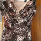 FREE SHIPING LIZ CALIBORNE FASHIONABLE BROWN BLOUSE WITH PINK LACE V-NECK