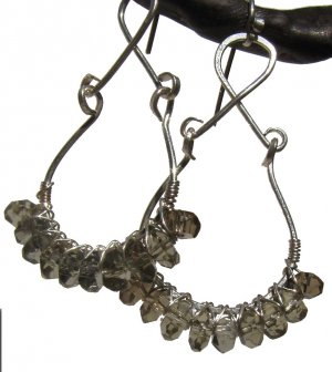 smoky topaz and silver drop wire wrapped earrings