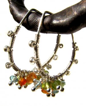hammered sterling silver modern hoops with peridot, aquamarine and jasper