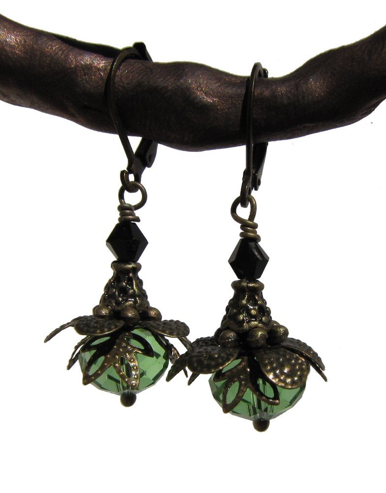 green faceted firepolish leverback vintage look earrings
