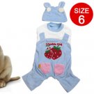 Sz 6 Strawberry Pattern Blue White Jumpsuit with Hat for Dog