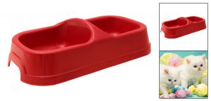 Red Plastic Double Square Bowls Dog Cat Pet Food Water Feeder Dish