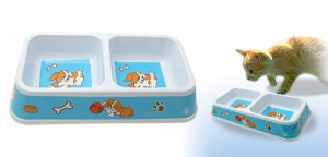 Dual Square Pet Cat Dog Bowl Feeder Food Water Dish Sky Blue