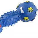 Blue Vinyl Paw Bone Print Pet Dog Squeaky Toy w Dumbbell Shaped