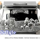 40950 - PAIR SIVER PLATED TZEDAKAH BOX + CANDLESTICKS JERUSALEM