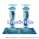 70314 - G TALL CANDLESTICKS BLUE FUSED GLASS + TRAY, 17CM